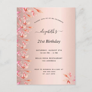 21e anniversaire rose or rose invitation florale