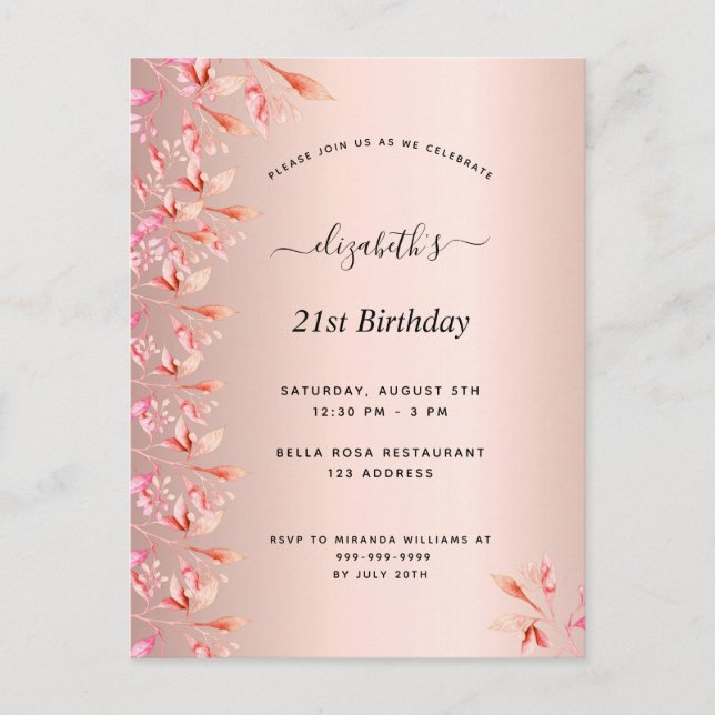 21e anniversaire rose or rose invitation florale (Devant)