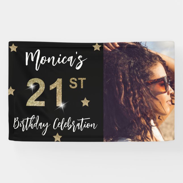 21e anniversaire Stars Photo Gold Party Bannière (Horizontal)