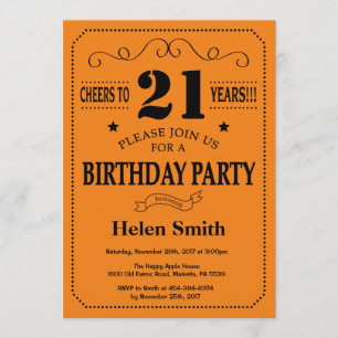 21e Invitation d'anniversaire Noir et Orange