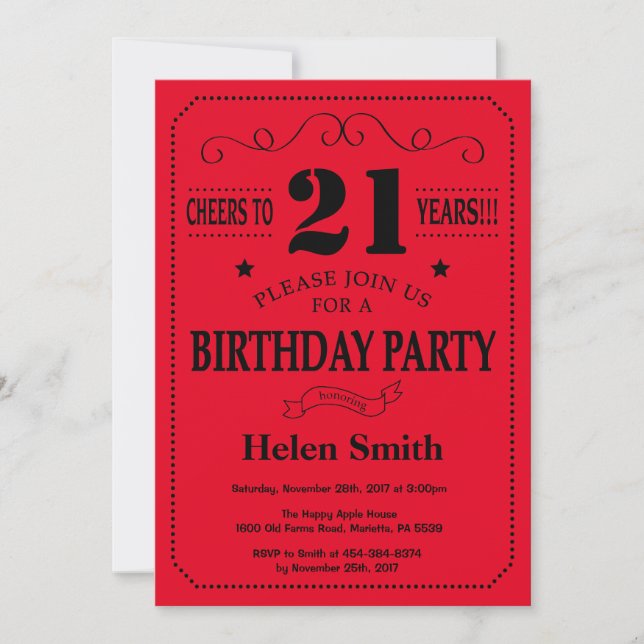 21e Invitation d'anniversaire Noir et Rouge (Devant)