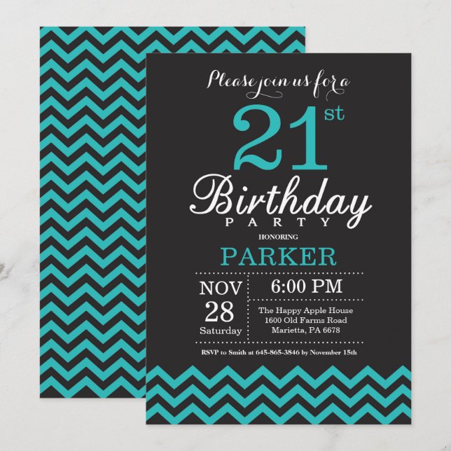 21e Invitation d'anniversaire Noir et Turquoise (Devant / Derrière)