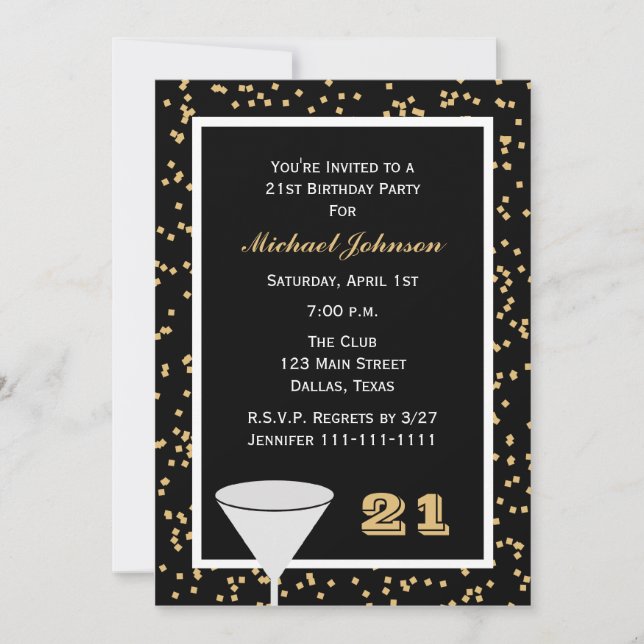 21e Invitation fête d'anniversaire 21 et Confetti (Devant)