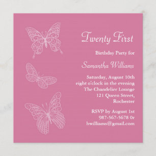 21ème Invitation d'anniversaire de papillon (rose)