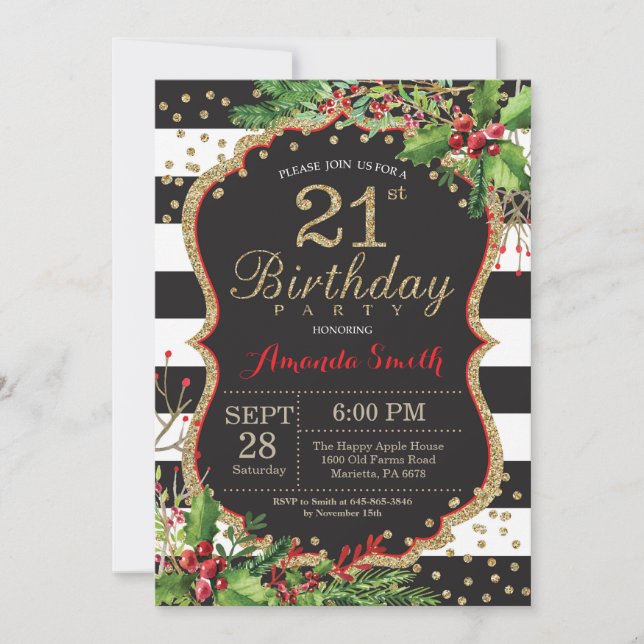 21ème Invitation d'anniversaire. Or noir rouge de (Devant)
