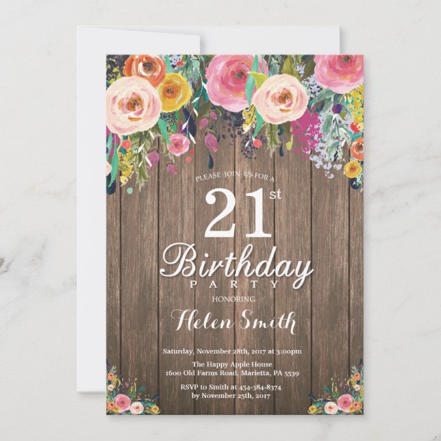 21ème invitation florale rustique d'anniversaire (Devant)