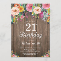 21ème invitation florale rustique d'anniversaire