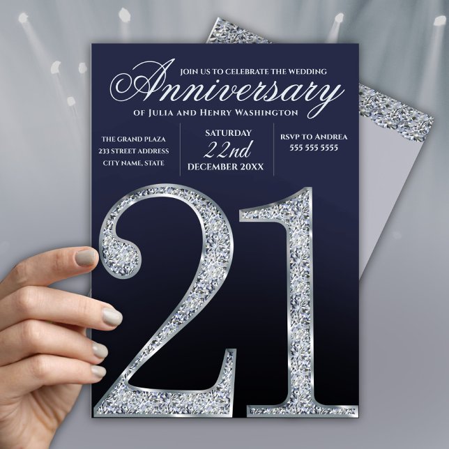 21st Anniversary Diamond Silver Dark Blue Years Invitation (Creator Uploaded)