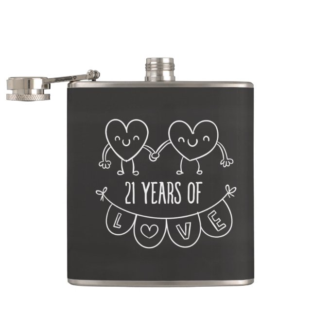 21st Anniversary Gift Chalk Hearts Hip Flask (Opened)