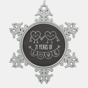 21st Anniversary Gift Chalk Hearts Snowflake Pewter Christmas Ornament