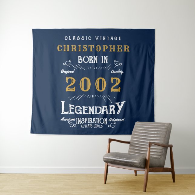 21st Birthday 2002 Add Name Legend Blue Gold Retro Tapestry (In Situ (Horizontal))