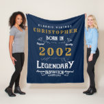 21st Birthday 2002 Add Name Legend Retro Blue Gold Fleece Blanket<br><div class="desc">Birthday vintage design "Original Quality Legendary Inspiration" fleece blanket. Add the name and year as desired in the template fields creating a unique birthday celebration item. Team this up with the matching gifts,  party accessories,  and clothing available in our store www.zazzle.com/store/thecelebrationstore</div>