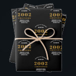 21st Birthday 2002 Black Gold Add Name Wrapping Paper Sheet<br><div class="desc">A personalized wrapping paper design for that birthday celebration for a special person. Add the name to this vintage retro style black and gold design for a custom birthday gift. Easily edit the name and year with the template provided. A wonderful custom birthday gift. More gifts and party supplies for...</div>
