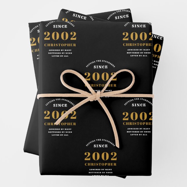 21st Birthday 2002 Black Gold Add Name Wrapping Paper Sheet (In situ)