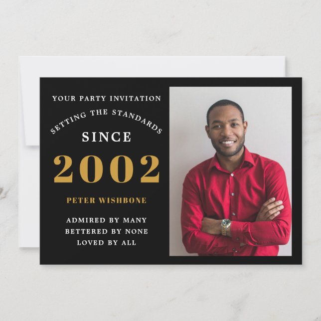 21st Birthday 2002 Name Photo Black Gold Invitation (Front)