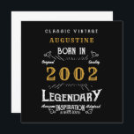 21st Birthday 2002 Retro Black Gold Greeting Card<br><div class="desc">Say Happy Birthday. Add your name,  year and message to this personalized birthday greeting card. A wonderful custom black birthday card with white and gold vintage style typography. More gifts and party supplies available with the "Legendary" design in the store.</div>