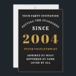 21st Birthday 2004 Black Gold Personalized For Him Invitation<br><div class="desc">For those born in 2004 and celebrating their 21st birthday party we have the ideal birthday invitation card. The black background with a white and gold design is simple and yet elegant. Easily customize the text to the front and the rear of this birthday invitation card using the template provided....</div>