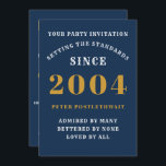 21st Birthday 2004 Blue Gold Personalized For Him Invitation<br><div class="desc">For those born in 2004 and celebrating their 21st birthday party we have the ideal birthday invitation card. The blue background with a white and gold design is simple and yet elegant. Easily customize the text to the front and the rear of this birthday invitation card using the template provided....</div>