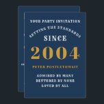 21st Birthday 2004 Blue Gold Personalized For Him Invitation<br><div class="desc">For those born in 2004 and celebrating their 21st birthday party we have the ideal birthday invitation card. The blue background with a white and gold design is simple and yet elegant. Easily customize the text to the front and the rear of this birthday invitation card using the template provided....</div>