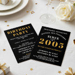 21st Birthday 2005 Black Gold Personalized For Him Invitation<br><div class="desc">For those born in 2005 and celebrating their 21st birthday party we have the ideal birthday invitation card. The black background with a white and gold design is simple and yet elegant. Easily customize the text to the front and the rear of this birthday invitation card using the template provided....</div>