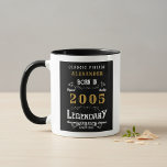 21st Birthday 2005 Legend Retro Black Personalized Mug<br><div class="desc">For those legends born in 2005 and celebrating their 21st birthday we have the ideal birthday coffee mug. The black background with a white and gold vintage typography design design is simple and yet elegant with a retro feel. Easily customize the text of this birthday gift using the template provided....</div>