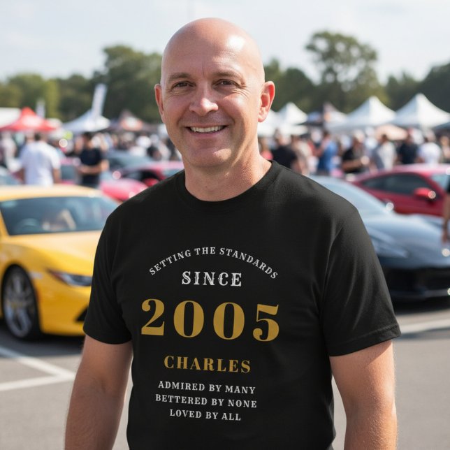 21st Birthday 2005 Personalized Custom Name Black T-Shirt (21st birthday tshirt worn at a car meet.)