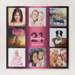 21st birthday 21 photo collage girl woman purple jigsaw puzzle<br><div class="desc">A gift for a girl's , young woman's 21st birthday, celebrating her life with a collage of 8 of your photos. Templates for a name, age 21 and a date. Date of birth or the date of the anniversary. Dark purple and white colored letters. Girly and feminine purple gradient background...</div>