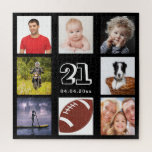 21st birthday 21 photo collage guy man black jigsaw puzzle<br><div class="desc">A gift for a young man's 21st birthday,  celebrating his life with a collage of 8 of your photos.  Templates for age 21 and a date.  Date of birth or the date of the anniversary.  White coloured letters.  Black background.</div>