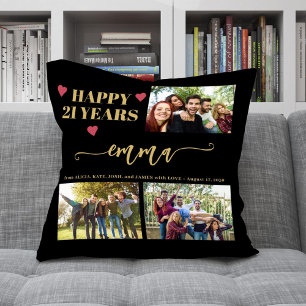 21st birthday 3 photo collage name script modern throw pillow