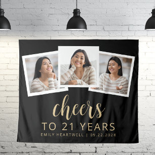 21st Birthday 3-Photo Gold Script Cheers Black Tapestry