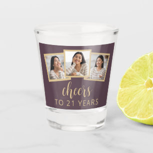 21st Birthday 3-Photo Mauve Purple Script Cheers Shot Glass