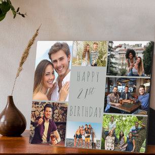 21st Birthday 7 Photo Collage Neutral Dove Grey Plaque