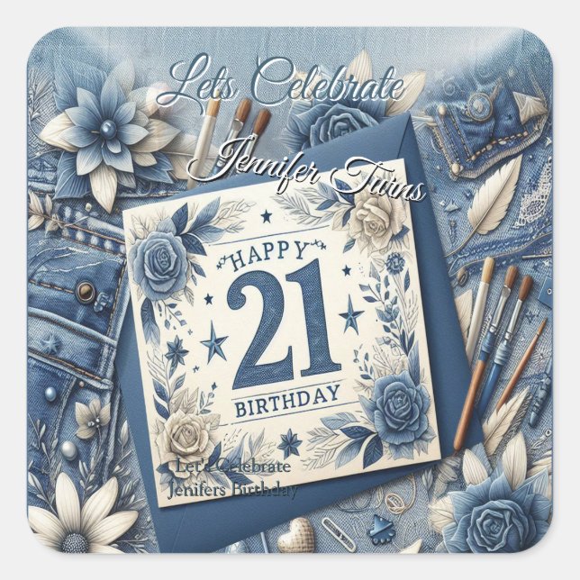 21st Birthday Almond blossom blue-cream Square Sticker (Front)