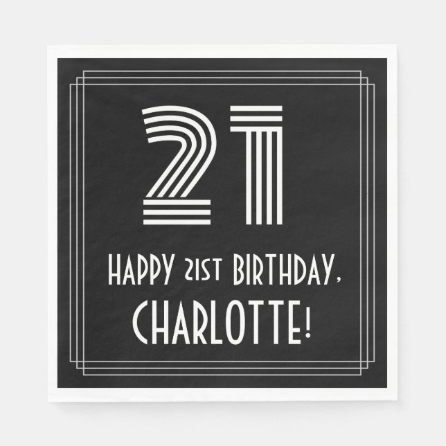 21st Birthday: Art Deco Inspired Look "21" + Name Napkin (Front)
