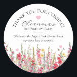 21st Birthday August Birth Flower Custom Favour Classic Round Sticker<br><div class="desc">Perfect sticker for an August birthday party. Pink gladiolus is the birth flower for that month. It forms a pretty watercolor bottom border on this floral personalized birthday sticker. The birthday guest of honour's name, age and birthdate are placed above it using elegant calligraphy and typography. All text is editable....</div>