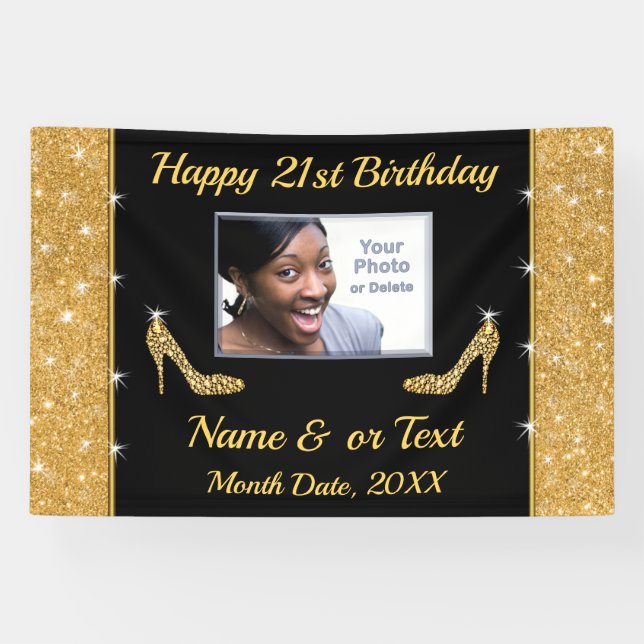 21st Birthday Banners Personalised, Black and Gold (Horizontal)