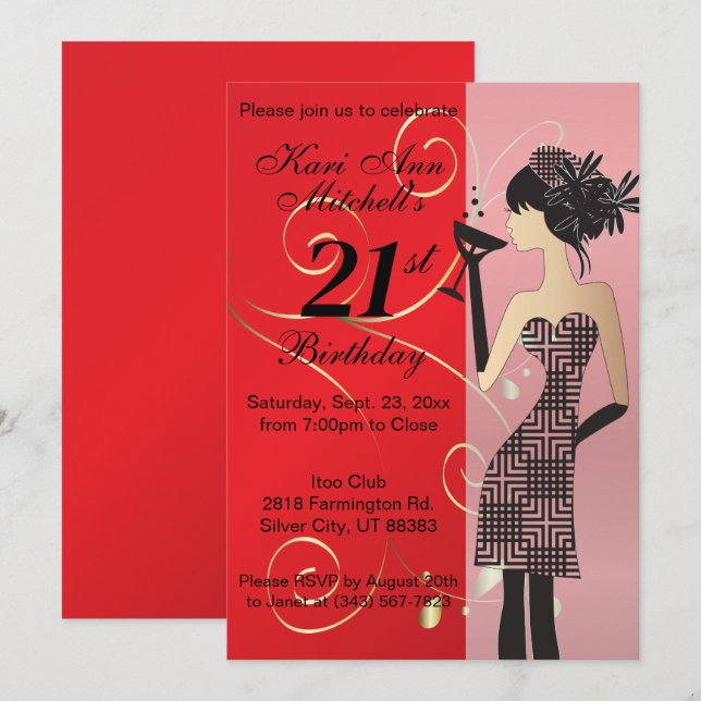 21st Birthday Bash Party - Red Invitation (Front/Back)