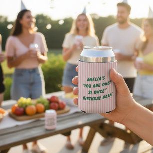 21st Birthday Bash Pink Green Retro Stripes Party Can Cooler