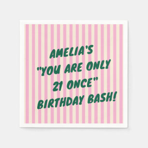 21st Birthday Bash Pink Green Retro Stripes Party Napkin