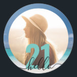 21st Birthday Beach Photo Personalized Classic Round Sticker<br><div class="desc">21st Birthday Party Sticker with "Hello 21" quote,  personalized photo,  and beach background for invitation envelope seals and party favour packaging. Edit the colours and fonts by clicking 'customize further' and upload the party girl's photo to create a unique customized label to brand your party.</div>