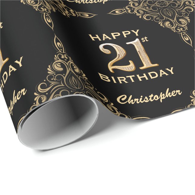 21st Birthday Black and Gold Glitter Frame Wrapping Paper (Roll Corner)