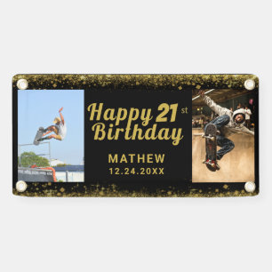 21st Birthday Black and Gold Photo Glitter Banner