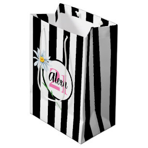 21st Birthday Black And White Stripes Medium Gift Bag