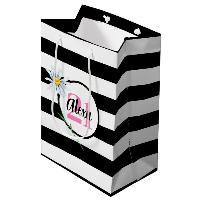 21st Birthday Black And White Stripes Medium Gift Bag (Front Angled)