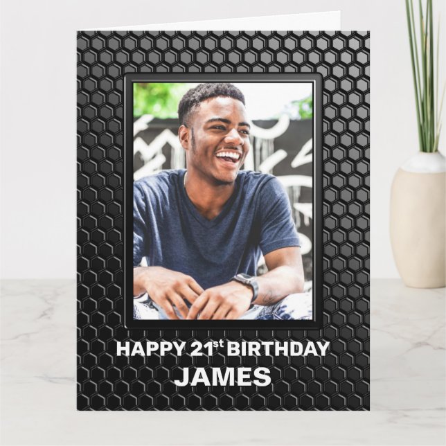 21st Birthday Black Geometric Pattern Custom Photo Card (Front)