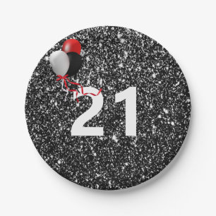 21st Birthday Black Glitter and Balloons Paper Plate