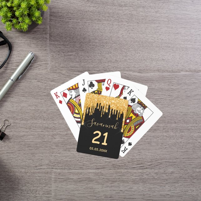 21st birthday black glitter gold sparkle glam name playing cards (Creator Uploaded)