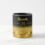 21st birthday black gold bow mug<br><div class="desc">Elegant,  classic,  glamourous and feminine.  A gold coloured ribbon and bow. Black background. The Perfect gift for a 21st birthday! Templates for a name,  age 21 and date of birth and the anniversary date. Golden letters.  The name is written with a modern hand lettered style script.</div>