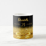 21st birthday black gold bow name elegant coffee mug<br><div class="desc">Elegant, classic, glamourous and feminine. A gold coloured ribbon and bow with golden glitter and sparkle, a bit of bling and everyday luxury. Black background. The Perfect gift for a 21st birthday! Templates for a name, age 21 and date of birth and the anniversary date. Golden letters. The name is...</div>