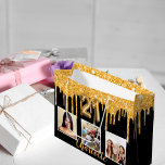 21st birthday black gold glitter drips photo large gift bag<br><div class="desc">A black background with faux gold glitter drips,  paint dripping look. Personalize and add 3 photos and a name.  Number 21 is written with a balloon style font. Perfect as a party favour bag or as a gift  bag.</div>